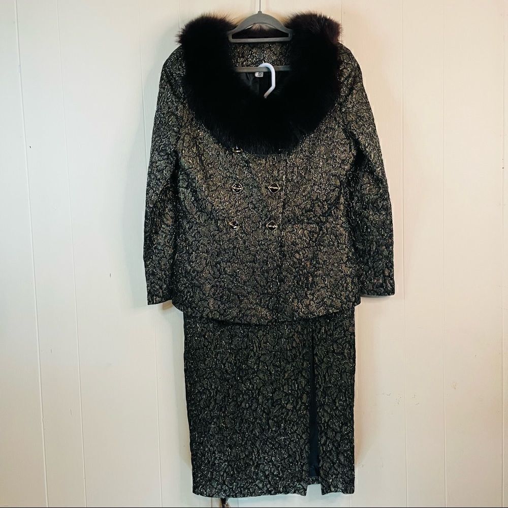 Vintage 60’s Metallic Skirt Suit Fur Collar